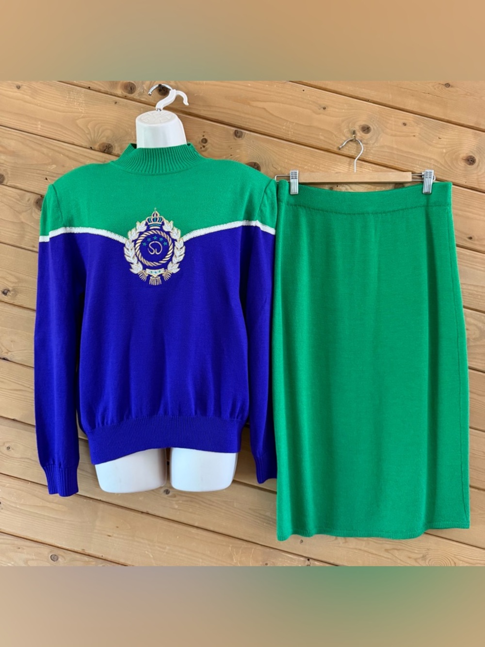 St John Collection Vintage Santana Knit Sweater Midi Skirt Set Purple Green Logo